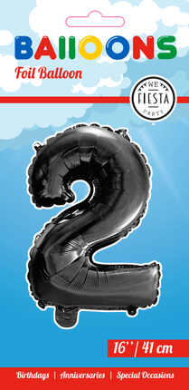 Folie Ballon Cijfer 2 Zwart 41cm met Rietje van WeFiesta koop je bij Partywinkel