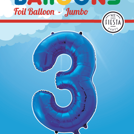 Folie Ballon Cijfer 3 Blauw XL 86cm leeg - Partywinkel - 5712735007180