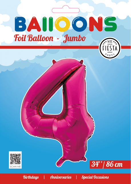 Folie Ballon Cijfer 4 Fuchsia XL 86cm leeg - Partywinkel - 5712735007104