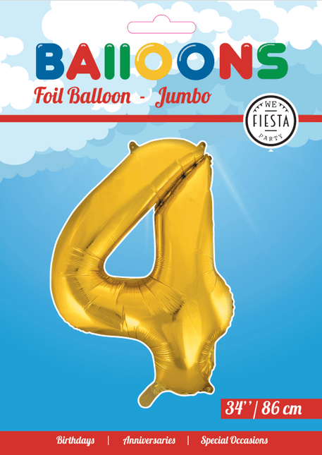 Folie Ballon Cijfer 4 Goud XL 86cm leeg - Partywinkel - 5712735006718