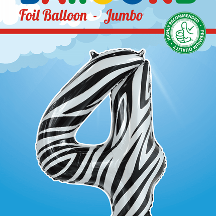 Folie Ballon Cijfer 4 Zebra XL 86cm leeg van WeFiesta koop je bij Partywinkel
