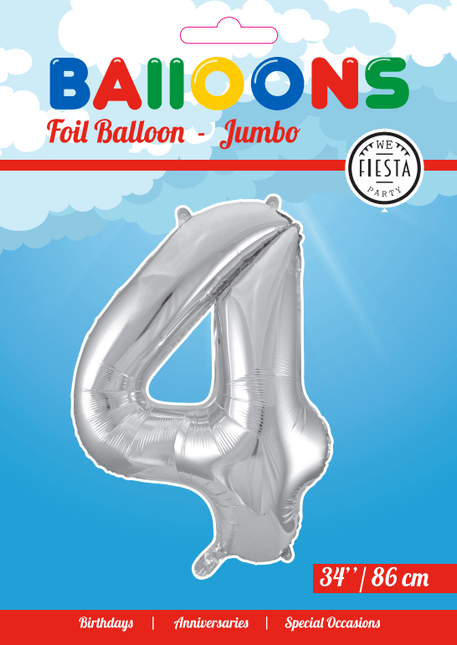 Folie Ballon Cijfer 4 Zilver XL 86cm leeg - Partywinkel - 5712735006619