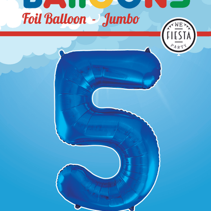Folie Ballon Cijfer 5 Blauw XL 86cm leeg - Partywinkel - 5712735007203