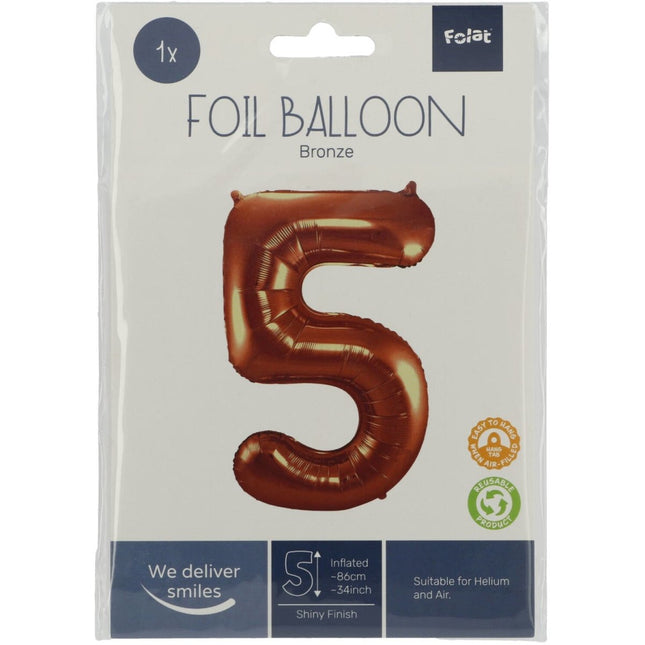 Folie Ballon Cijfer 5 Brons XL 86cm leeg van Folat koop je bij Partywinkel