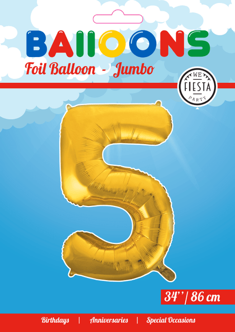 Folie Ballon Cijfer 5 Goud XL 86cm leeg - Partywinkel - 5712735006725