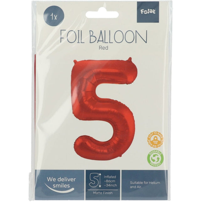 Folie Ballon Cijfer 5 Mat Rood XL 86cm leeg van Folat koop je bij Partywinkel