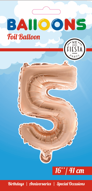 Folie Ballon Cijfer 5 Rose Goud 41cm met Rietje van WeFiesta koop je bij Partywinkel