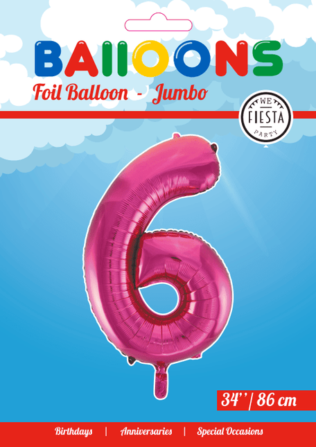 Folie Ballon Cijfer 6 Fuchsia XL 86cm leeg - Partywinkel - 5712735007128