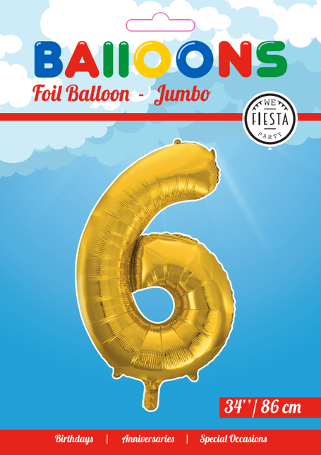 Folie Ballon Cijfer 6 Goud XL 86cm leeg - Partywinkel - 5712735006732