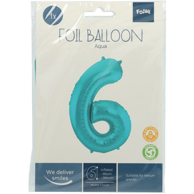 Folie Ballon Cijfer 6 Pastel Mintgroen XL 86cm leeg van Folat koop je bij Partywinkel