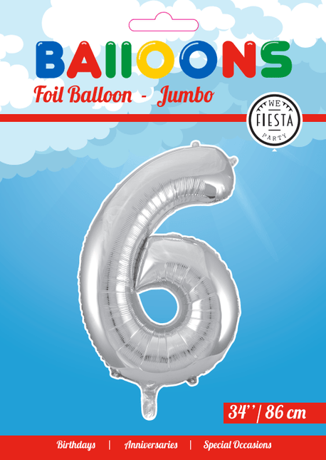 Folie Ballon Cijfer 6 Zilver XL 86cm leeg - Partywinkel - 5712735006633