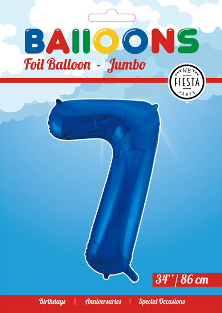 Folie Ballon Cijfer 7 Blauw XL 86cm leeg - Partywinkel - 5712735007227