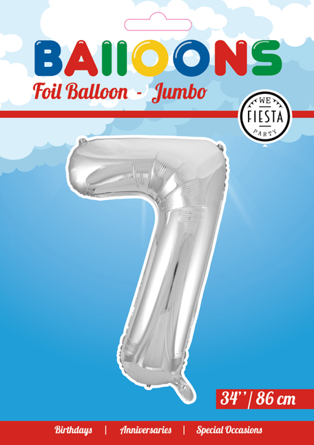 Folie Ballon Cijfer 7 Zilver XL 86cm leeg - Partywinkel - 5712735006640