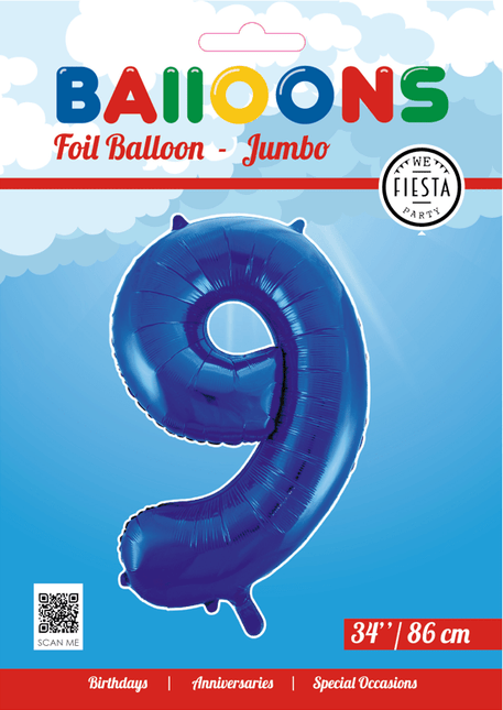 Folie Ballon Cijfer 9 Blauw XL 86cm leeg - Partywinkel - 5712735007241