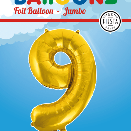 Folie Ballon Cijfer 9 Goud XL 86cm leeg - Partywinkel - 5712735006763