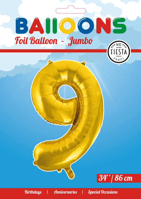 Folie Ballon Cijfer 9 Goud XL 86cm leeg - Partywinkel - 5712735006763