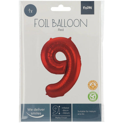 Folie Ballon Cijfer 9 Mat Rood XL 86cm leeg van Folat koop je bij Partywinkel