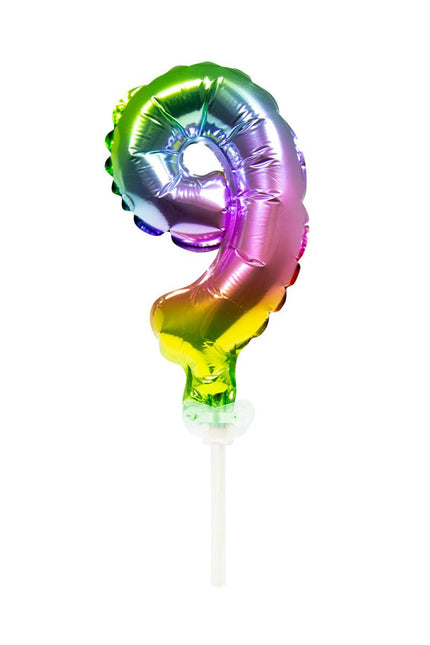 Folie Ballon Cijfer 9 Regenboog 13cm met Stokje van Folat koop je bij Partywinkel