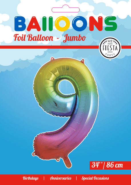 Folie Ballon Cijfer 9 Regenboog XL 86cm leeg van WeFiesta koop je bij Partywinkel