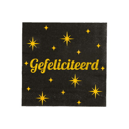 Gefeliciteerd Servetten Goud Zwart Sterren 19cm 16st - Partywinkel - 8716764246906