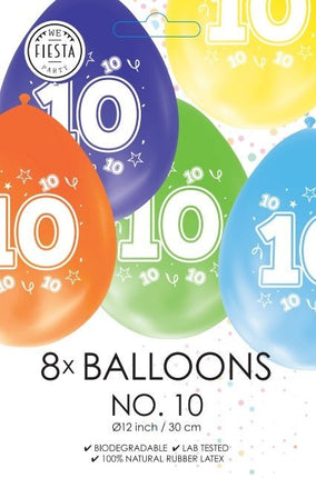 Gekleurde Ballonnen 10 Jaar 30cm 8st van WeFiesta koop je bij Partywinkel