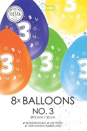 Gekleurde Ballonnen 3 Jaar 30cm 8st van WeFiesta koop je bij Partywinkel