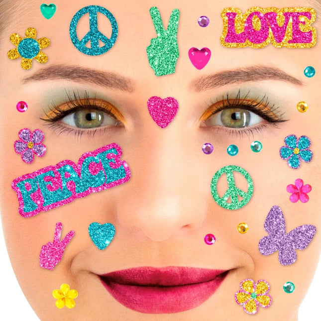 Gekleurde Nep Tattoos Gezicht Glitter Flower Power van VDV Benefit koop je bij Partywinkel