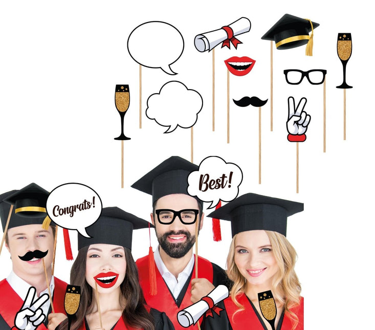 Geslaagd Photobooth Props Zwart Goud 10st - Partywinkel - 8434077311233