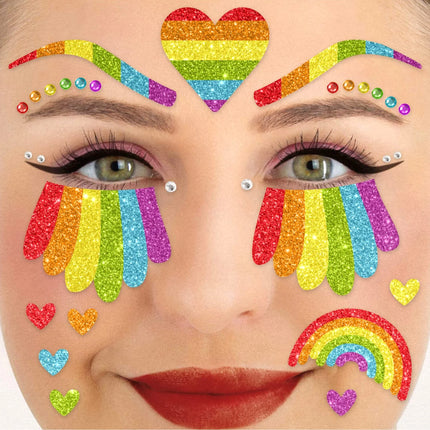 Regenbogen-Tattoos für das Gesicht mit Glitzer
