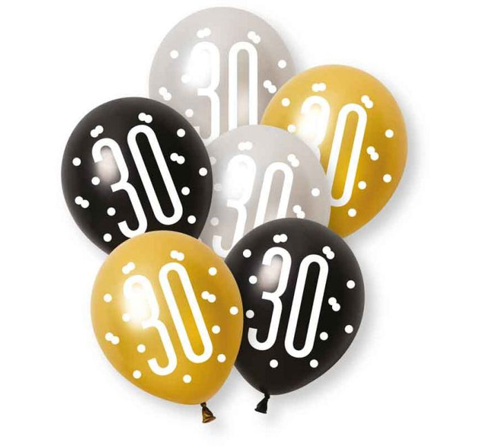 Glitz Black 30 Jaar Ballonnen platina & parelmoer premium latex 30cm 6st van Unique koop je bij Partywinkel