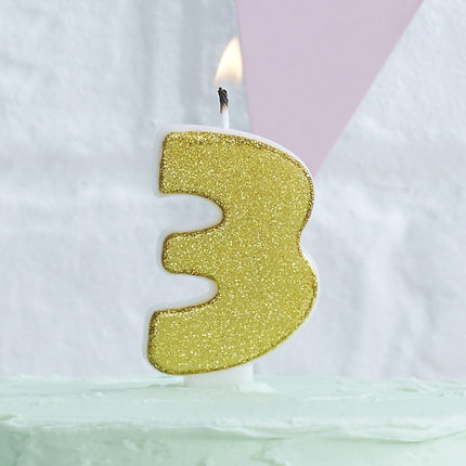 Gouden Kaars 3 Jaar Glitters 6cm van Ginger Ray koop je bij Partywinkel
