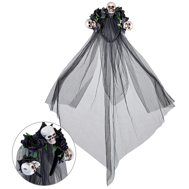 Halloween Haarband Bruidsluier Schedel En Roos van Widmann koop je bij Partywinkel