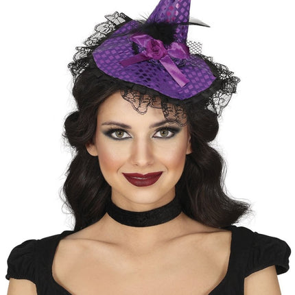 Halloween Haarband Paars Heksenhoed - Partywinkel - 8434077249178