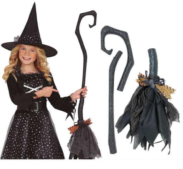 Halloween Heksenbezem Zwart Paars 90cm - Partywinkel - 8434077199992