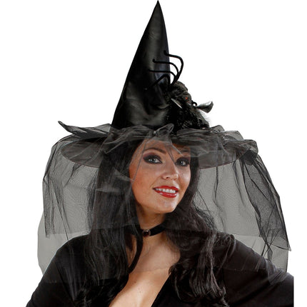 Halloween Heksenhoed Met Sluier En Spin van Widmann koop je bij Partywinkel