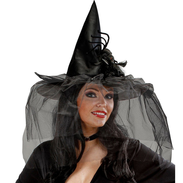 Halloween Heksenhoed Met Sluier En Spin van Widmann koop je bij Partywinkel