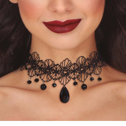 Halloween Ketting Zwart Choker Steen - Partywinkel - 8434077268209