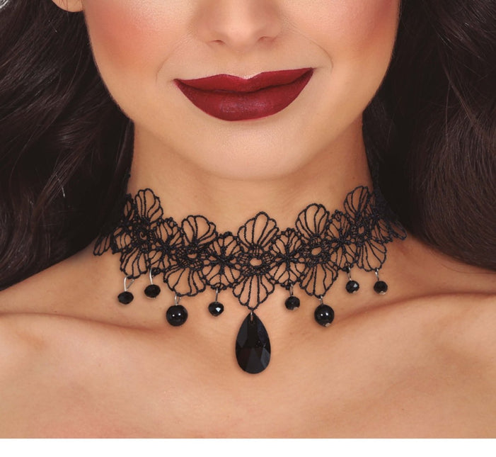 Halloween Ketting Zwart Choker Steen - Partywinkel - 8434077268209