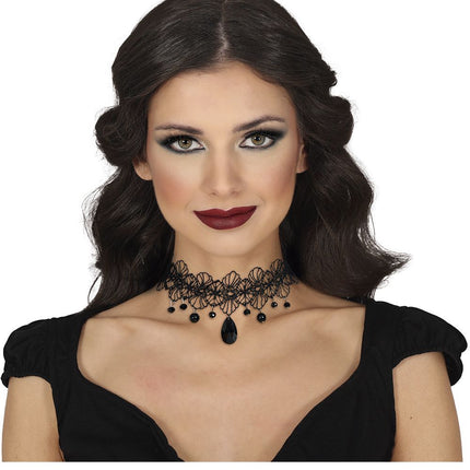 Halloween Ketting Zwart Choker Steen - Partywinkel - 8434077268209