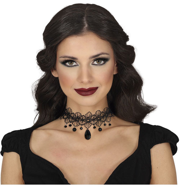 Halloween Ketting Zwart Choker Steen - Partywinkel - 8434077268209