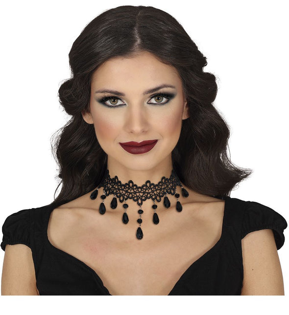Halloween Ketting Zwart Choker Stenen - Partywinkel - 8434077268193