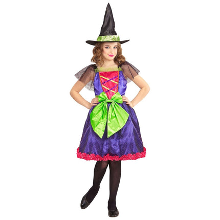 Halloween Kostuum Paars Groen Meisje Heks van Widmann koop je bij Partywinkel