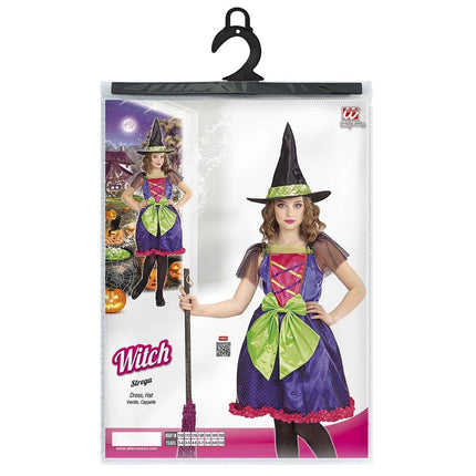 Halloween Kostuum Paars Groen Meisje Heks van Widmann koop je bij Partywinkel