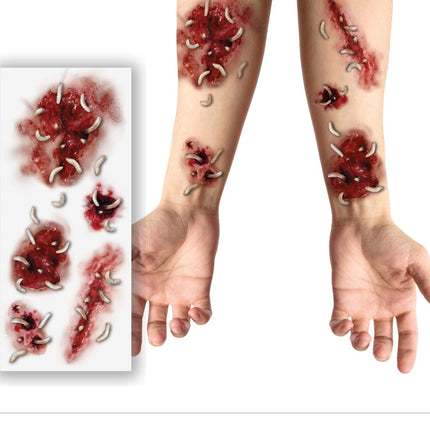 Halloween Nep Tattoos Wonden Met Wormen 30cm - Partywinkel - 8434077157091