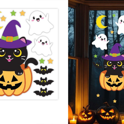 Halloween Raamdecoratie Kat Met Pompoen 50cm van Fiestas Guirca koop je bij Partywinkel
