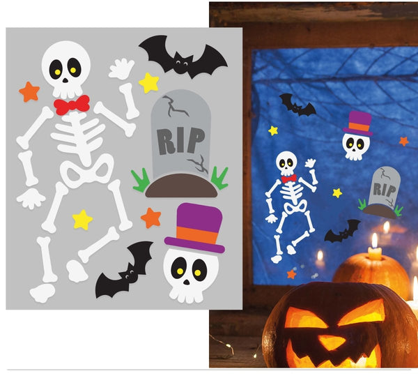 Halloween Fensteraufkleber Set – 8 Blatt Mit Skelett, Fledermaus & Kürbis, Wiederverwendbar