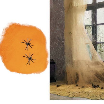 Halloween Spinnenweb Oranje Met Spinnen 100gr - Partywinkel - 8434077190388