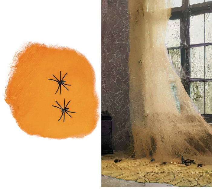 Halloween Spinnenweb Oranje Met Spinnen 100gr - Partywinkel - 8434077190388