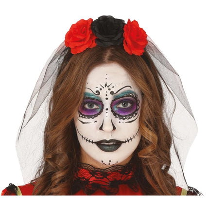 Halloween Tiara Sluier En Bloemen Rood van Fiestas Guirca koop je bij Partywinkel
