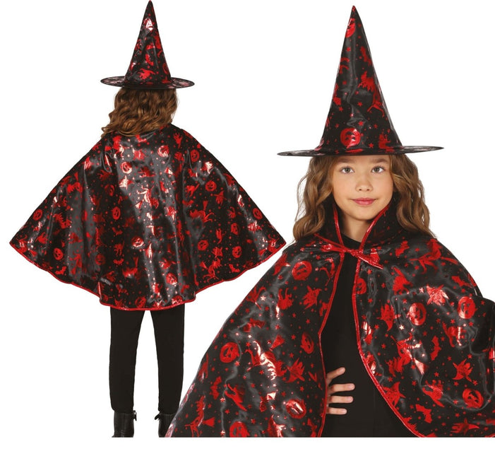 Halloween Verkleedset Zwart Rood Meisje Heks 2 delig - Partywinkel - 8434077190098